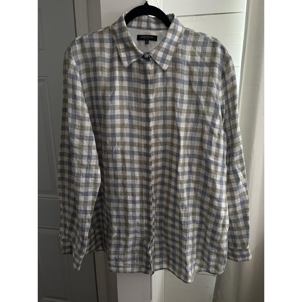 Lafayette 148 New York Shirt Men's‎ XL Blue Check Linen Button Front Long Sleeve